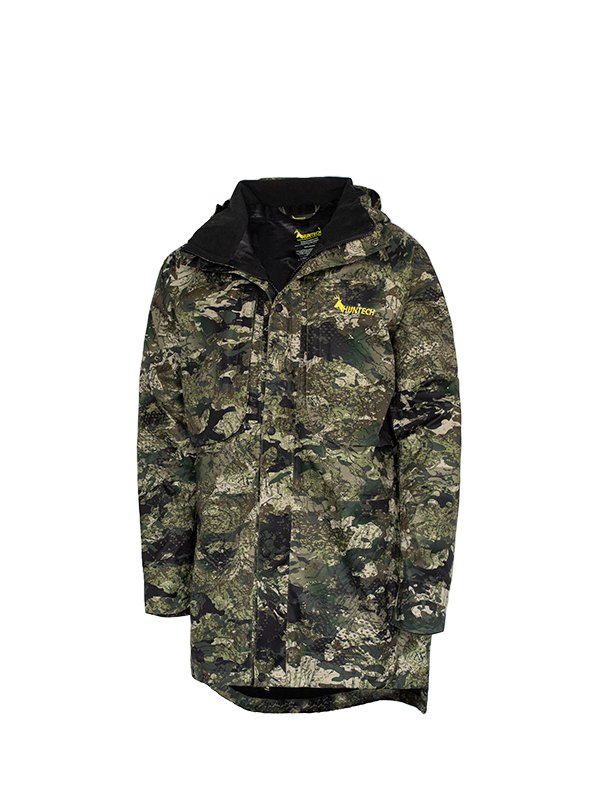 Front view of men’s breathable three-layer jacket with pit zips for heat regulation, YKK 2-way full length zip, thermal retention cuff and three-way adjustable hood. The jacket also features two bellowed chest pockets with the Huntech logo in bright yellow on the left pocket. Ships from Australia and is shown here in kakariki camo pattern.
