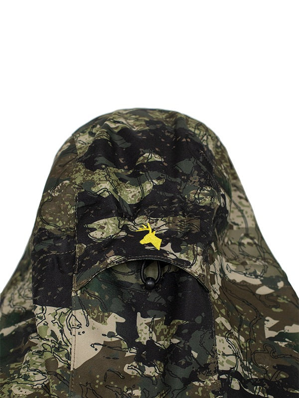 Close up of the back of the hood with Huntech stags head logo in bright yellow with jacket shown in kakariki camo pattern.