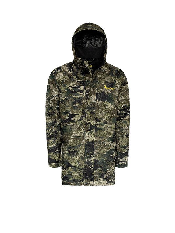 Front view of men’s breathable three-layer jacket with pit zips for heat regulation, YKK 2-way full length zip, thermal retention cuff and three-way adjustable hood. The jacket also features two bellowed chest pockets with the Huntech logo in bright yellow on the left pocket. Ships from Australia and is shown here in kakariki camo pattern with hood up.