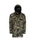 Front view of men’s breathable three-layer jacket with pit zips for heat regulation, YKK 2-way full length zip, thermal retention cuff and three-way adjustable hood. The jacket also features two bellowed chest pockets with the Huntech logo in bright yellow on the left pocket. Ships from Australia and is shown here in kakariki camo pattern with hood up.