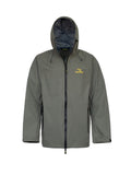 Front view of lightweight, waterproof men’s jacket, with the hood up and full-length zip front closure. Designed with armpit ventilation ample storage pockets, seam sealed zips and an ergonomic hood to keep water off your face. Shown here in a dark olive green/grey with the Huntech logo in bright yellow on the left breast. Ships from Australia.