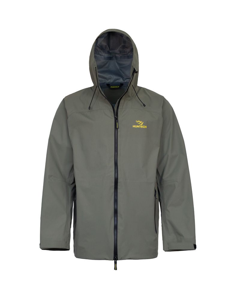 Front view of lightweight, waterproof men’s jacket, with the hood up and full-length zip front closure. Designed with armpit ventilation ample storage pockets, seam sealed zips and an ergonomic hood to keep water off your face. Shown here in a dark olive green/grey with the Huntech logo in bright yellow on the left breast. Ships from Australia.