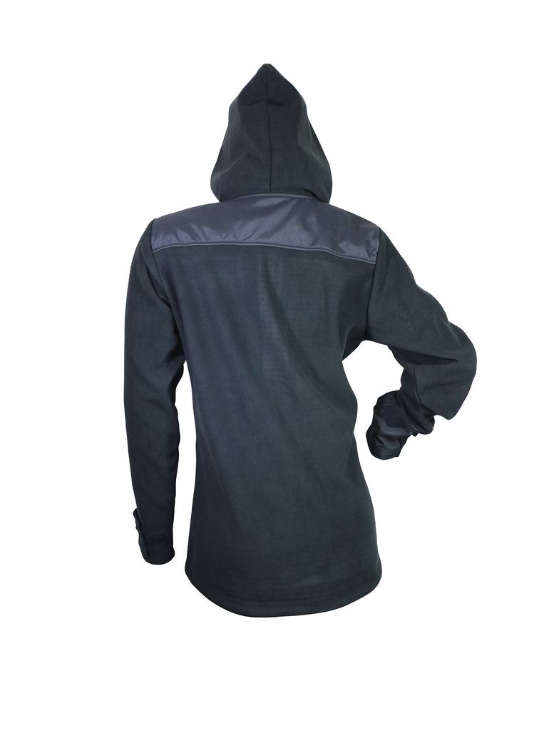 Back image of the women's bush basics coat with the hood over the back. Shown here in black, this product ships from Australia.