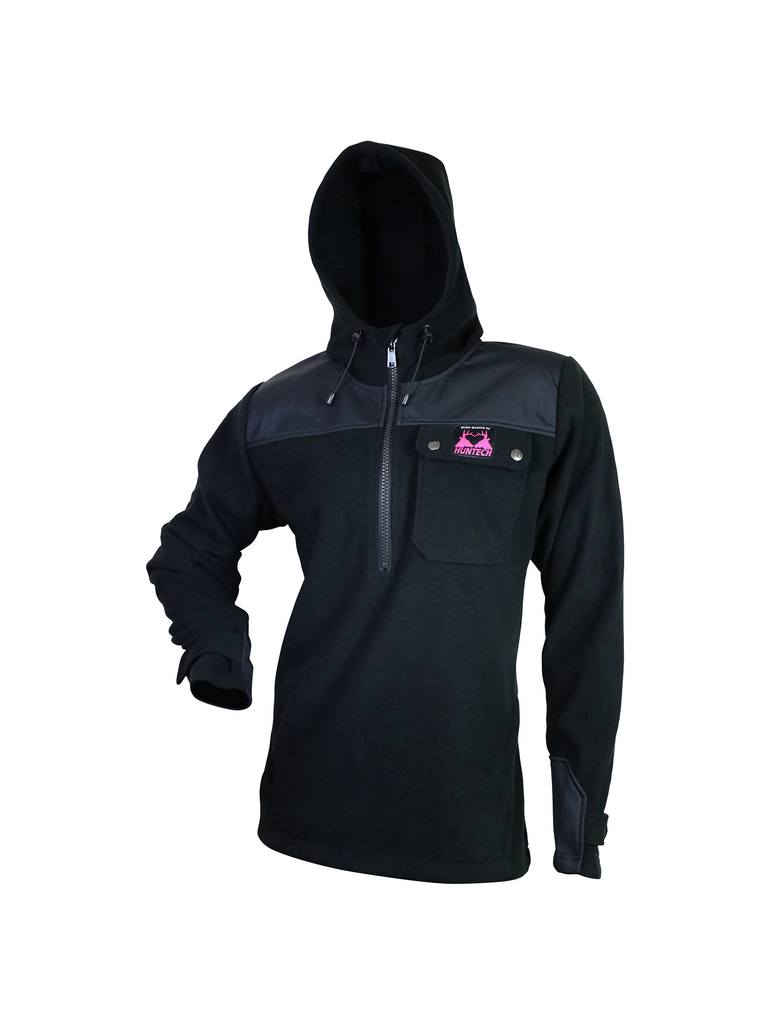 Front image of women’s bush basics G2 coat with zip neck entry. They feature a chest pocket with the double Huntech stags head logo in pink on the pocket flap. Shown in black, this product ships from Australia.