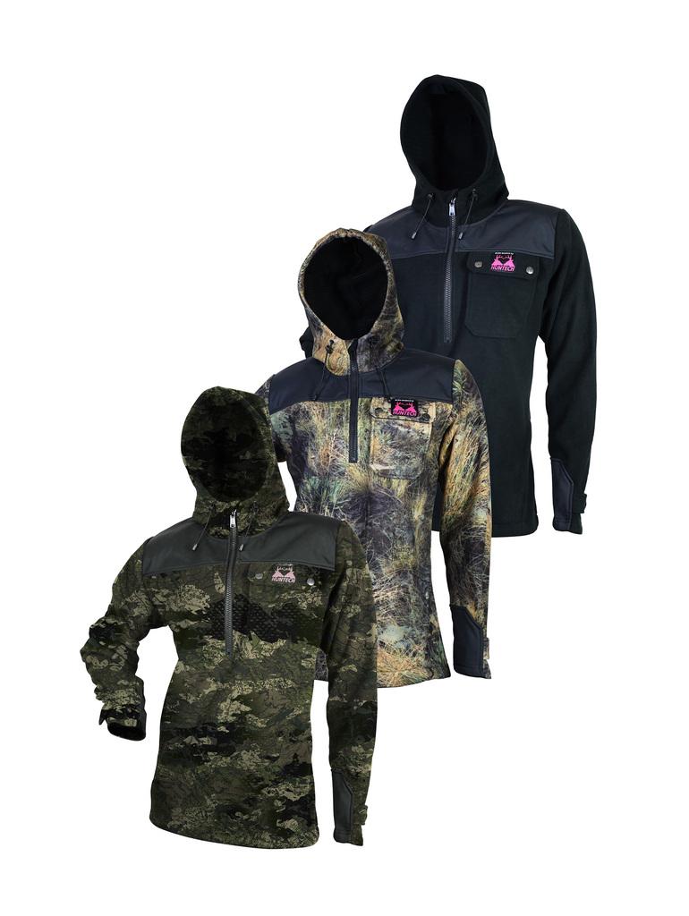 Image of three women’s bush basics G2 coats with zip neck entry. They feature a chest pocket with the Huntech double stags head logo in pink on the pocket flap. Shown from left to right in kakariki camo, high country camo, and black. Product ships from Australia.