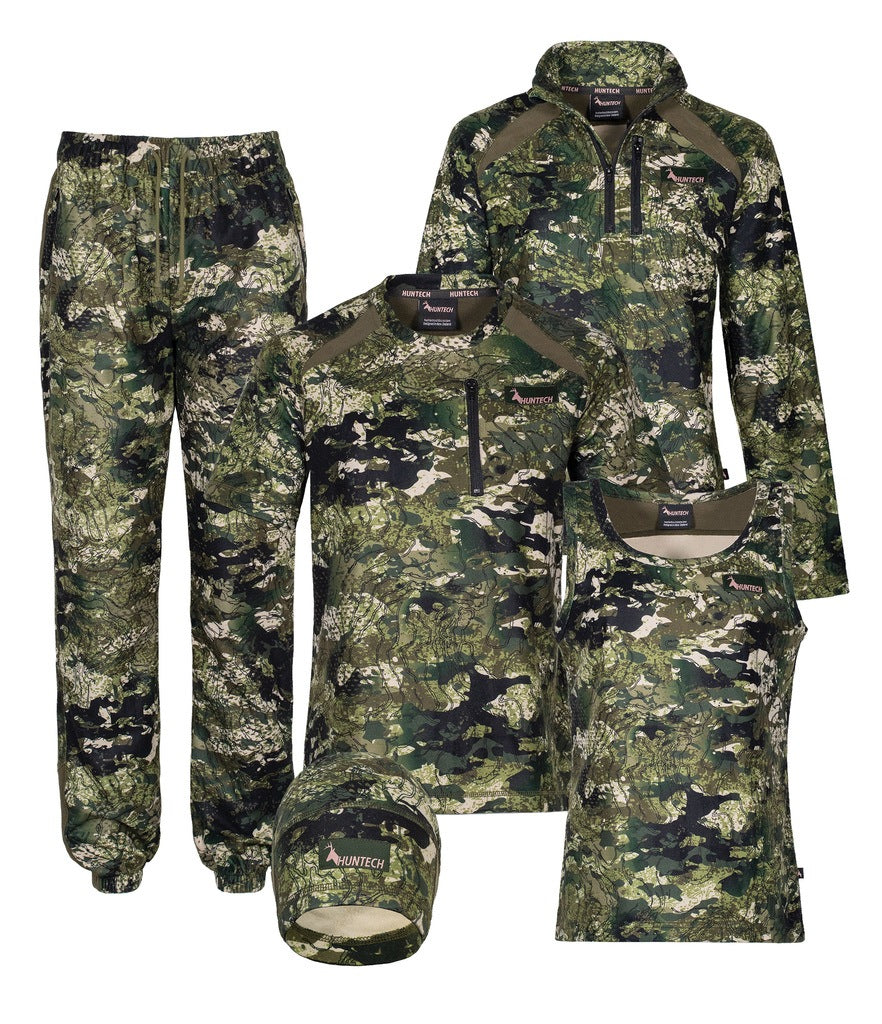 Image of women’s bush essential fleece pack consisting of a sweatshirt, pant, tee, singlet, and beanie in 180gsm high grade anti-pill finished fleece. Shown in kakariki camo pattern with Huntech logo in pink. Ships from Australia.