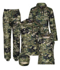 Image of women’s bush essential fleece pack consisting of a sweatshirt, pant, tee, singlet, and beanie in 180gsm high grade anti-pill finished fleece. Shown in kakariki camo pattern with Huntech logo in pink. Ships from Australia.