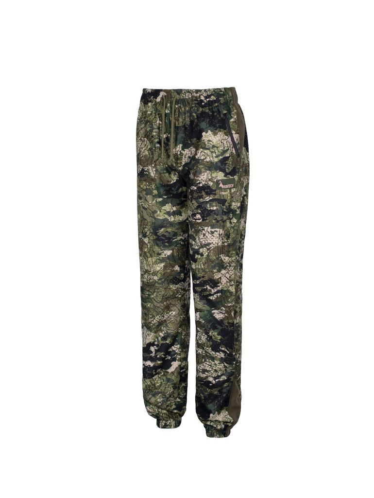 Three quarter view of women’s bush pant in 180gsm high grade anti-pill finished fleece with elasticated waistband and internal belt, twin hip zip pockets and elasticated leg opening for comfort and heat retention. Constructed using flatlock reinforced seams for strength and comfort, they features the Huntech logo in rose gold on the left hand side just below the pocket. Shown in kakariki camo pattern. Ships from Australia.