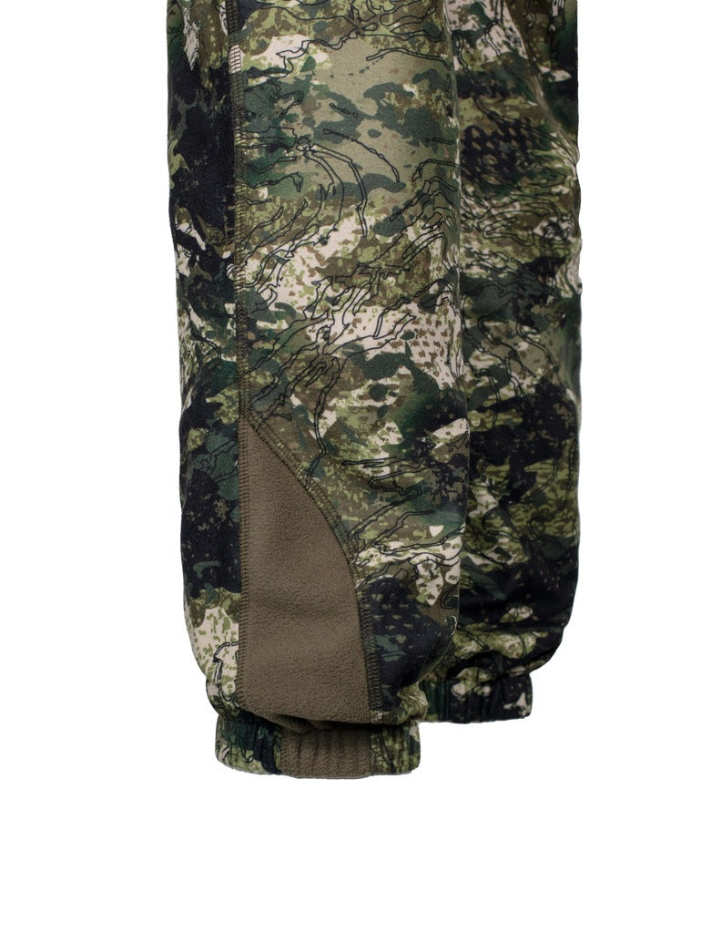 Close up of women’s bush pant bottoms  in 180gsm high grade anti-pill finished fleece with elasticated leg opening for comfort and heat retention. Constructed using flatlock reinforced seams for strength and comfort, and shown in kakariki camo pattern. Ships from Australia.