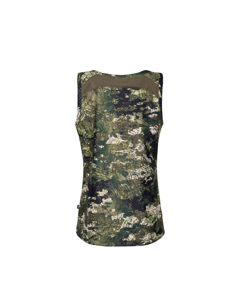 Back view of women’s bush singlet in 180gsm high grade anti-pill finished fleece with low cut crew neckline, athletic cut for ease of movement, scooped back hemline for warmth, and constructed using flatlock reinforced seams for strength and comfort. Shown in kakariki camo pattern. Ships from Australia.