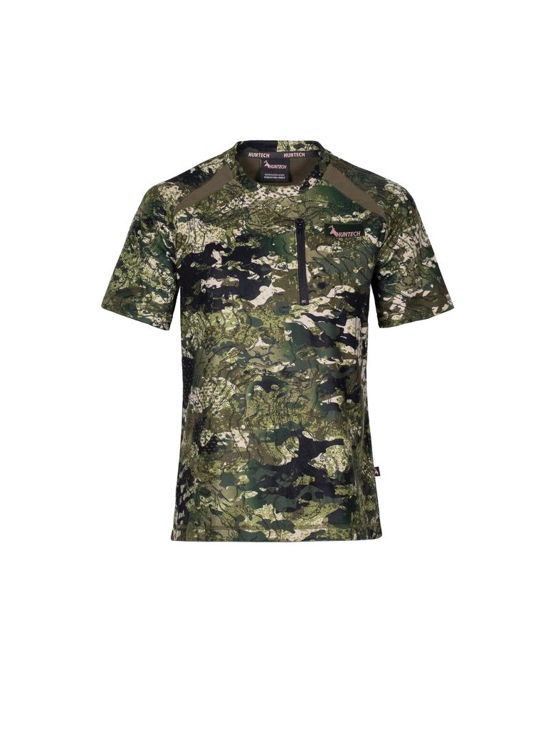 Front view of women’s bush tee in 180gsm high grade anti-pill finished fleece with standard crew neckline, scooped back hemline for warmth, and constructed using flatlock reinforced seams for strength and comfort, it features a zipped pocket and the Huntech logo in rose gold on the left breast. Shown in kakariki camo pattern. Ships from Australia.