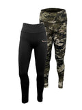 Front view of two pair of women’s leggings in nylon/elastane brushed fabric with a wide Basque waistline. Shown here in black and kakariki camo pattern with Huntech logo in rose gold on the left hip, this item ships from Australia.