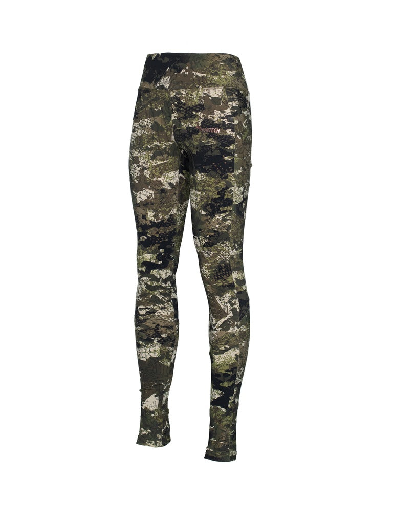 Three quarter front view of women’s leggings in nylon/elastane brushed fabric with a wide Basque waistline. Shown here in black with the Huntech logo in rose gold on the left hip, this item ships from Australia.