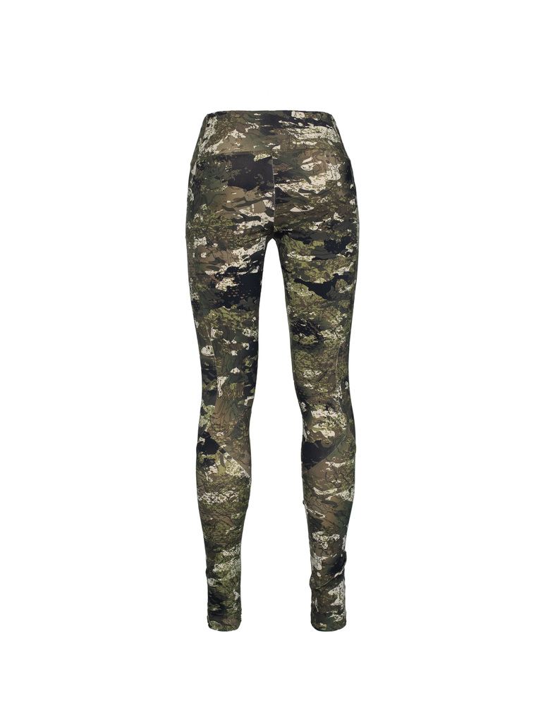 Back view of women’s leggings in nylon/elastane brushed fabric with a wide Basque waistline. Shown here in black kakariki camo pattern, this item ships from Australia.