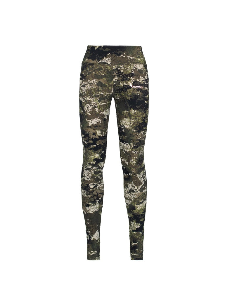 Front view of women’s leggings in nylon/elastane brushed fabric with a wide Basque waistline. Shown here in kakariki camo pattern with the Huntech logo in rose gold on the left hip, this item ships from Australia.