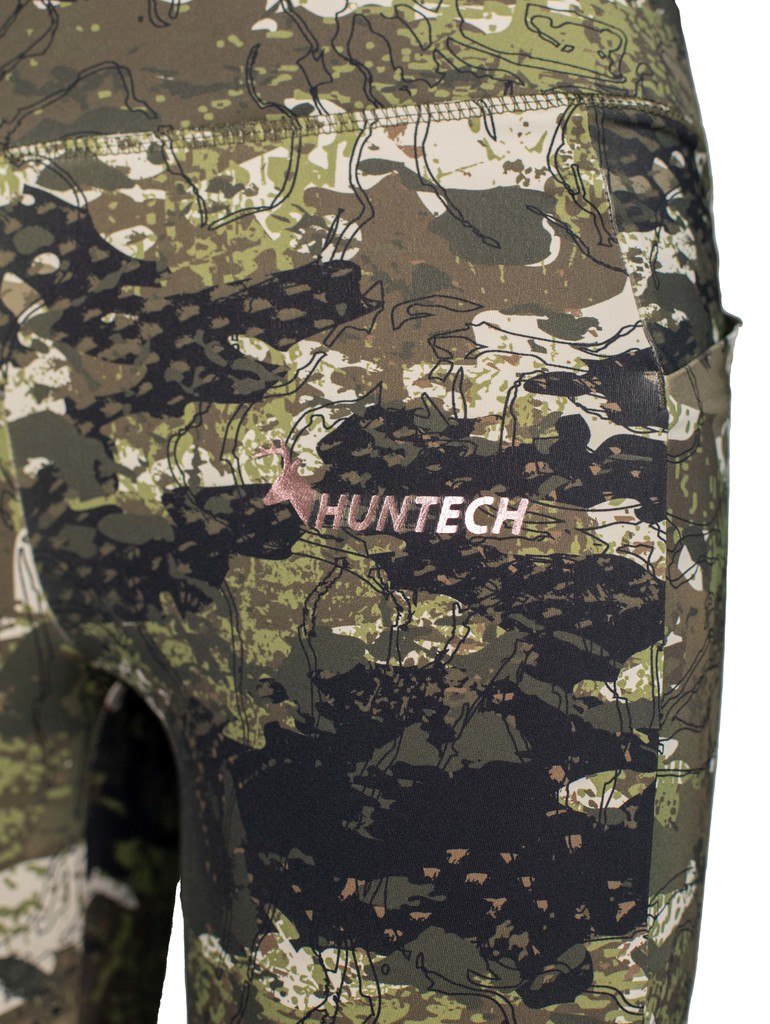 Close up of the Huntech logo in rose gold on the kakariki camo pattern.