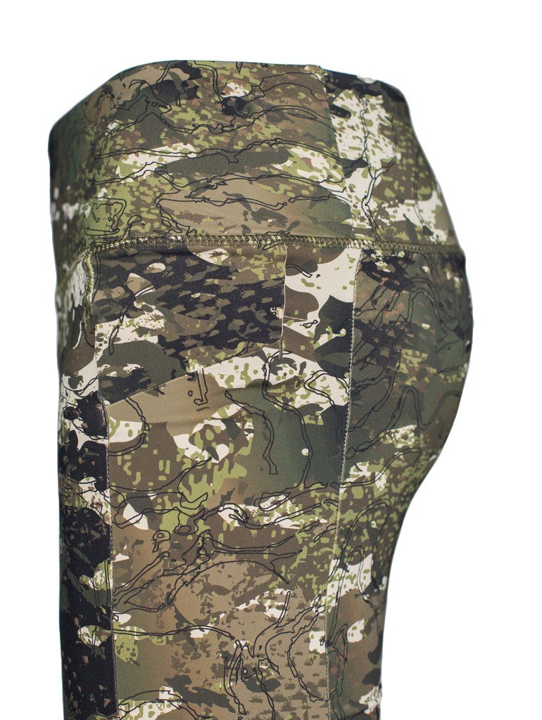 Side view of women's doe leggings showing stitching detail.  Kakariki camo pattern.