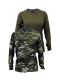 Two women’s lightweight, moisture-wicking long sleeved top from recycled plastic waste with scent control. Suitable as a base layer, or long-sleeved tee, it comes with regulation mesh panels and cover-stitched seams. Ships from Australia. Shown here in kakariki camo and military green with the Huntech logo in rose gold on the upper left arm. Product ships from Australia.