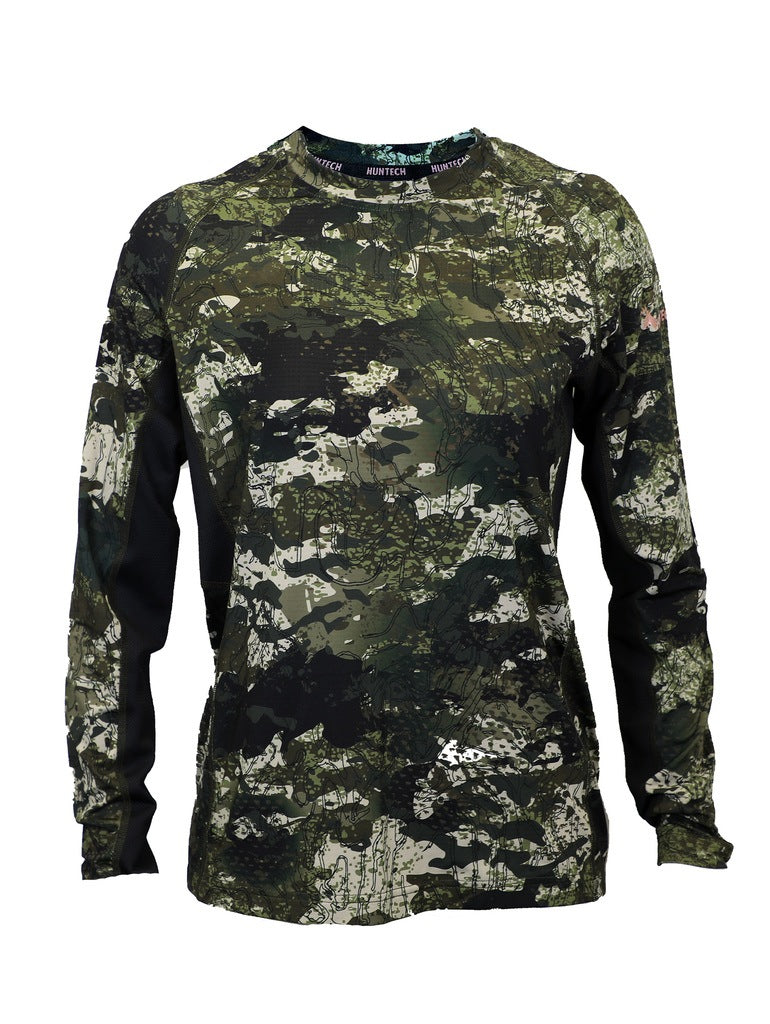 Front view of wen’s lightweight, moisture-wicking long sleeved top from recycled plastic waste with scent control. Suitable as a base layer, or long-sleeved tee, it comes with regulation mesh panels and cover-stitched seams. Shown in karariki camo pattern with the Huntech logo in rose gold on the upper left arm, this product ships from Australia.