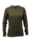 Front view of wen’s lightweight, moisture-wicking long sleeved top from recycled plastic waste with scent control. Suitable as a base layer, or long-sleeved tee, it comes with regulation mesh panels and cover-stitched seams. Shown in military green with the Huntech logo in rose gold on the upper left arm, this product ships from Australia.