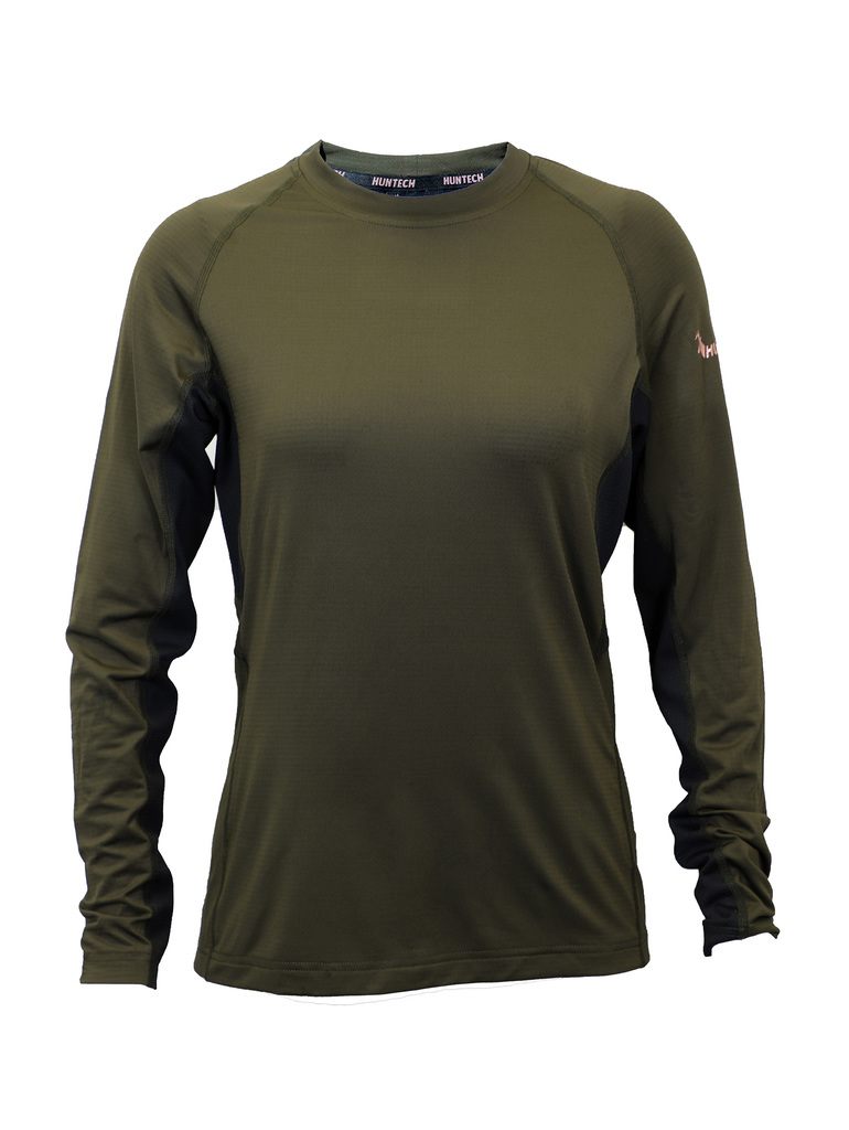 Front view of wen’s lightweight, moisture-wicking long sleeved top from recycled plastic waste with scent control. Suitable as a base layer, or long-sleeved tee, it comes with regulation mesh panels and cover-stitched seams. Shown in military green with the Huntech logo in rose gold on the upper left arm, this product ships from Australia.
