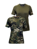 Front image of two women’s lightweight, moisture-wicking tees made from recycled plastic waste with scent control and regulation panels. Constructed using a cover stitch and featuring the Huntech logo in rose gold at hem on left sleeve. Shown here in kakariki camo pattern in the front and military green at the back, this product ships from Australia.