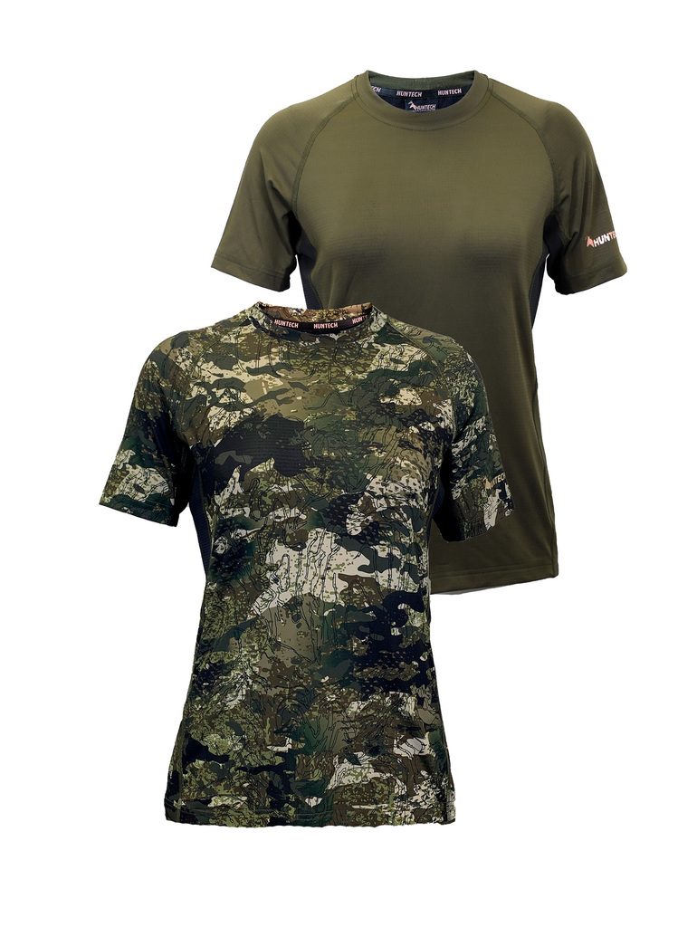 Front image of two women’s lightweight, moisture-wicking tees made from recycled plastic waste with scent control and regulation panels. Constructed using a cover stitch and featuring the Huntech logo in rose gold at hem on left sleeve. Shown here in kakariki camo pattern in the front and military green at the back, this product ships from Australia.