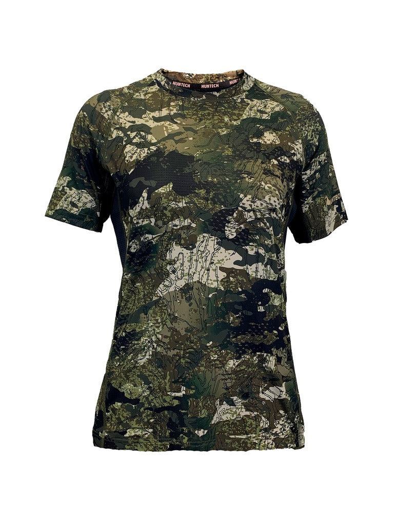Front image of women’s lightweight, moisture-wicking tee made from recycled plastic waste with scent control and regulation panels. Constructed using a cover stitch and featuring the Huntech logo in rose gold at hem on left sleeve. Shown here in kakariki camo pattern, this product ships from Australia.