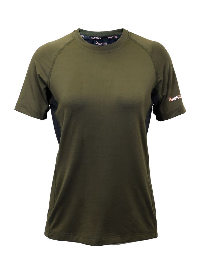 Front image of women’s lightweight, moisture-wicking tee made from recycled plastic waste with scent control and regulation panels. Constructed using a cover stitch and featuring the Huntech logo in rose gold at hem on left sleeve. Shown here in military green, this product ships from Australia.