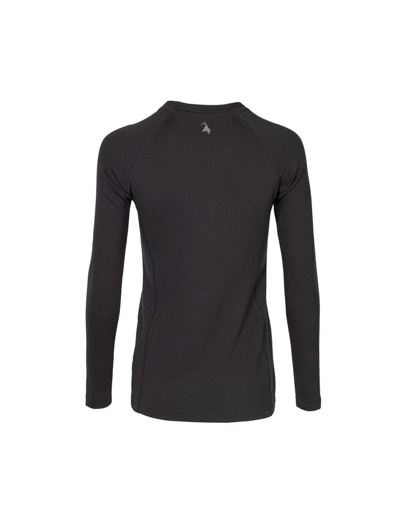 Back view of women’s slim fit, moisture wicking, merino long sleeved top in a 220 gsm 54% NZ Merino / 46% Nylon mix with a nylon outer and relaxed hem. Huntech stags head logo features in soft grey centre back just below neck edge. Ships from Australia and shown in black.