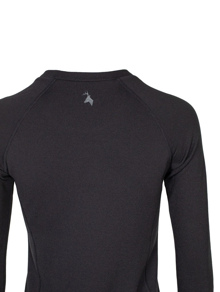 Close up of Huntech stags head logo in grey at center back just below neck edge.