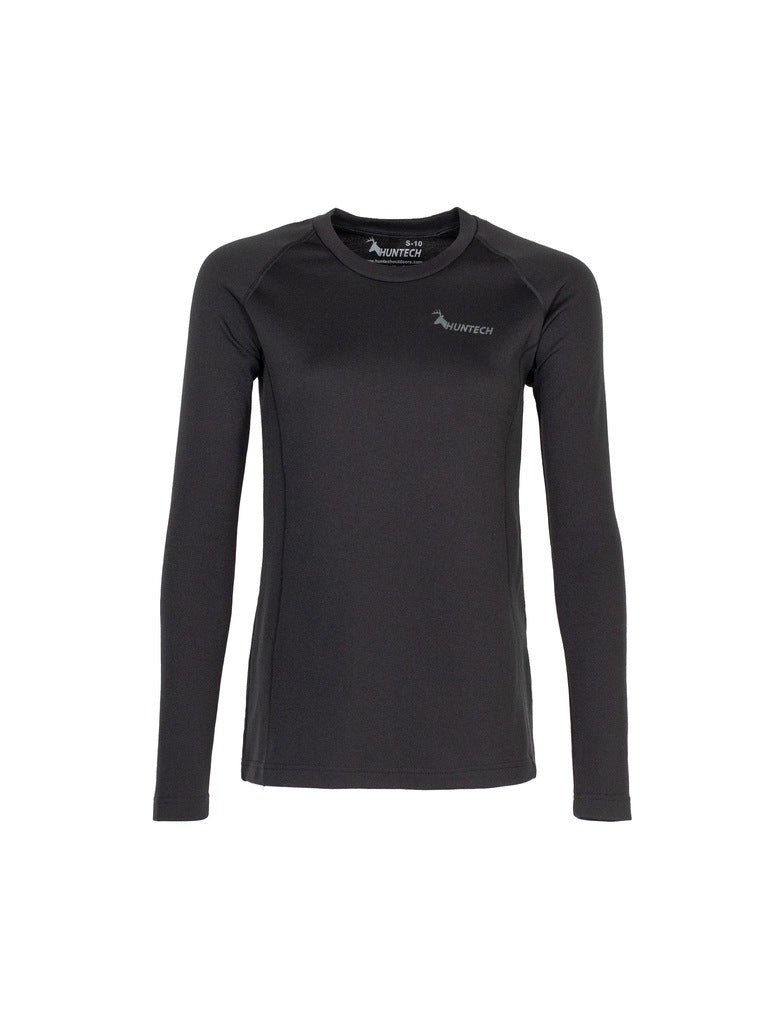Front view of women’s slim fit, moisture wicking, merino long sleeved top in a 220 gsm 54% NZ Merino / 46% Nylon mix with a nylon outer and relaxed hem. Huntech logo features on front left breast in soft grey. Ships from Australia and shown in black.