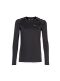 Front view of women’s slim fit, moisture wicking, merino long sleeved top in a 220 gsm 54% NZ Merino / 46% Nylon mix with a nylon outer and relaxed hem. Huntech logo features on front left breast in soft grey. Ships from Australia and shown in black.