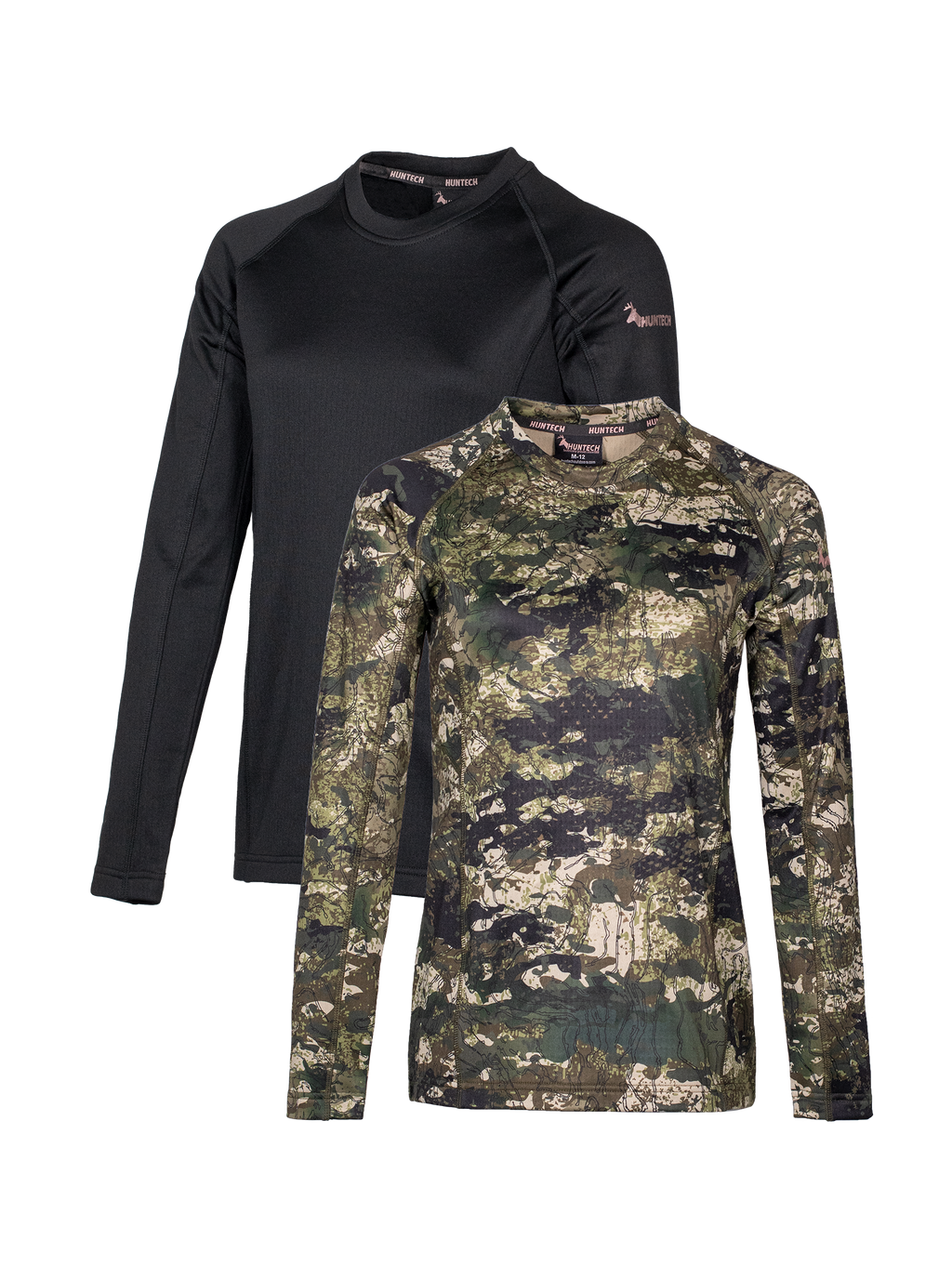 Front view of two women’s snug fit long-sleeved thermal top for layering. Easy care highly technical thermal base layer comprising 230 gsm, 94% Recycled Polyester / 6% Spandex fabric, with flat locked seams to minimise skin irritation and articulated panels for performance. Features Huntech logo in rose gold on upper sleeve. Ships from Australia and shown in kakariki camo pattern at the front and black at the back.