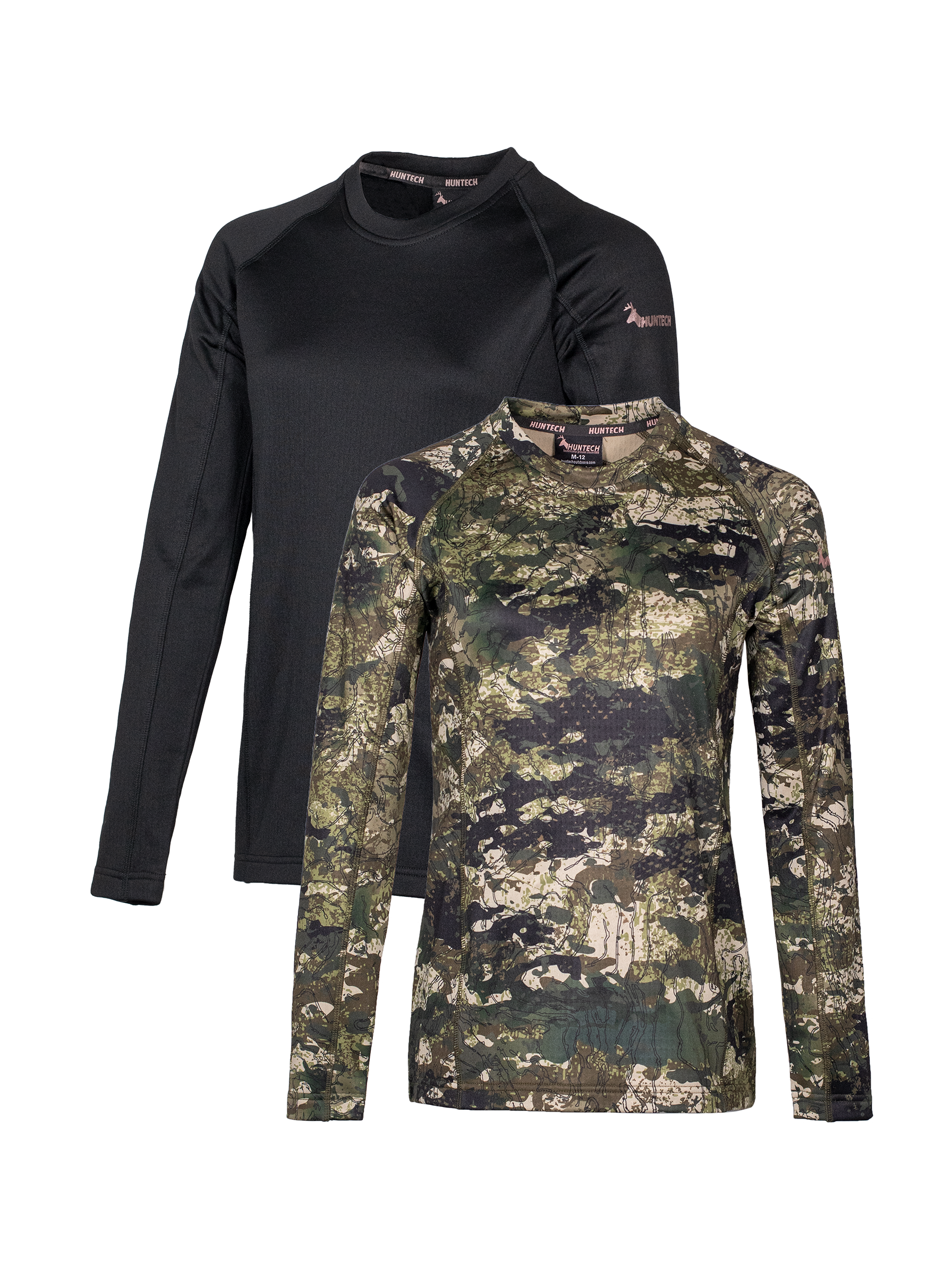 Front view of two women’s snug fit long-sleeved thermal top for layering. Easy care highly technical thermal base layer comprising 230 gsm, 94% Recycled Polyester / 6% Spandex fabric, with flat locked seams to minimise skin irritation and articulated panels for performance. Features Huntech logo in rose gold on upper sleeve. Ships from Australia and shown in kakariki camo pattern at the front and black at the back.