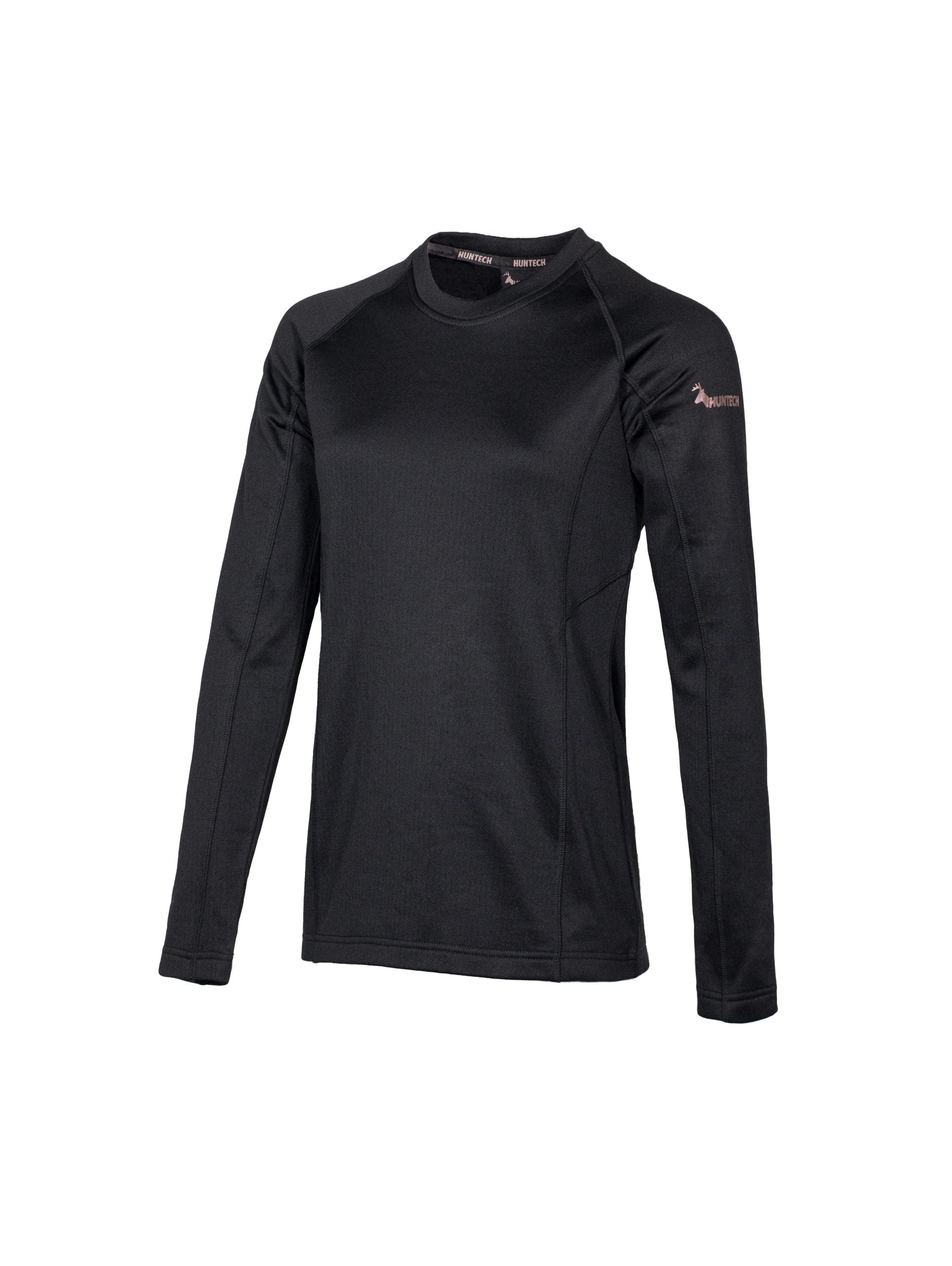 Three quarters front view of women’s snug fit long-sleeved thermal top for layering. Easy care highly technical thermal base layer comprising 230 gsm, 94% Recycled Polyester / 6% Spandex fabric, with flat locked seams to minimise skin irritation and articulated panels for performance. Features Huntech logo in rose gold on upper sleeve. Ships from Australia and shown in black.