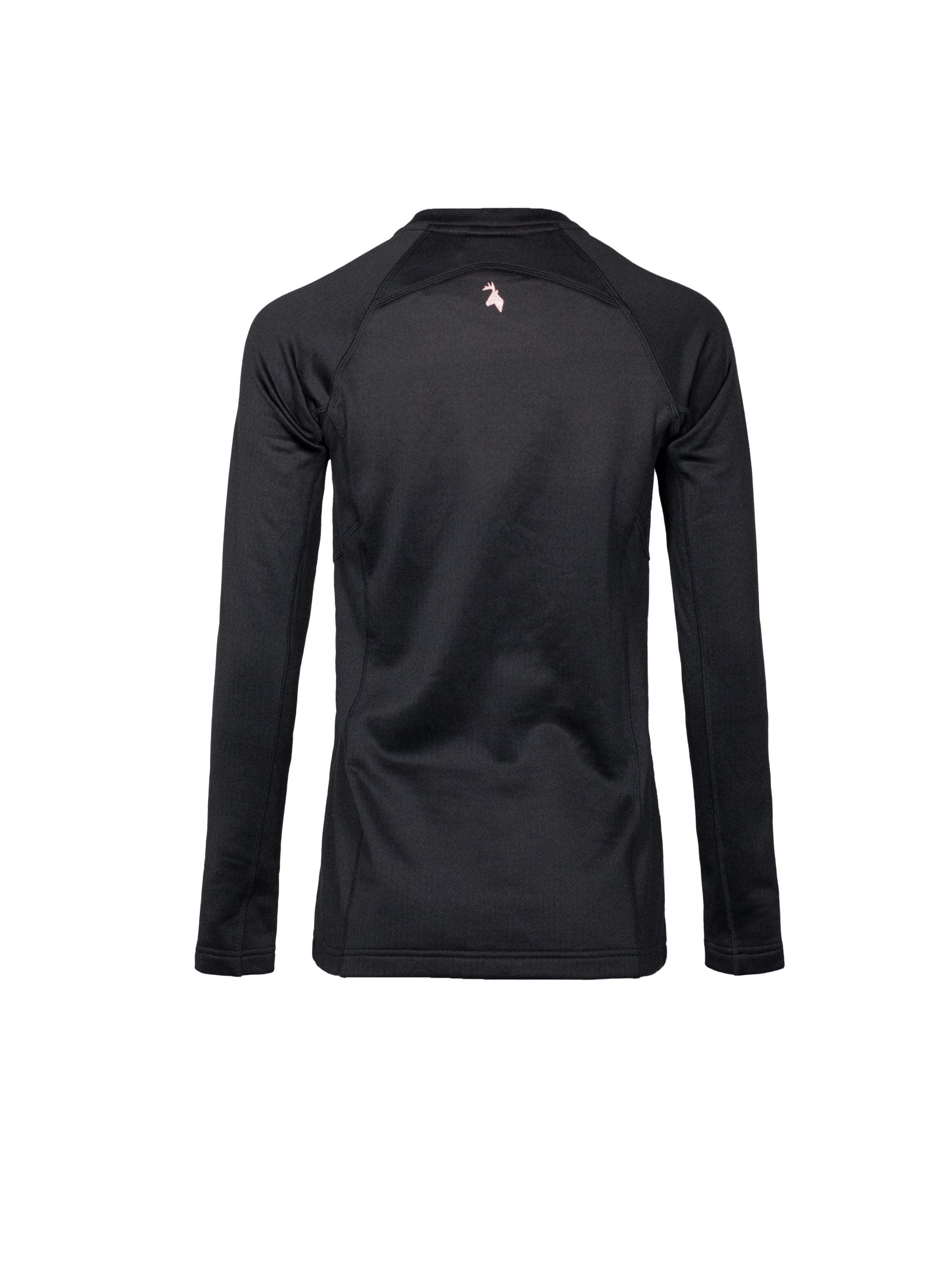 Back view of women’s snug fit long-sleeved thermal top for layering. Easy care highly technical thermal base layer comprising 230 gsm, 94% Recycled Polyester / 6% Spandex fabric, with flat locked seams to minimise skin irritation and articulated panels for performance. Features Huntech logo in rose gold centered just below the neckline. Ships from Australia and shown in black.