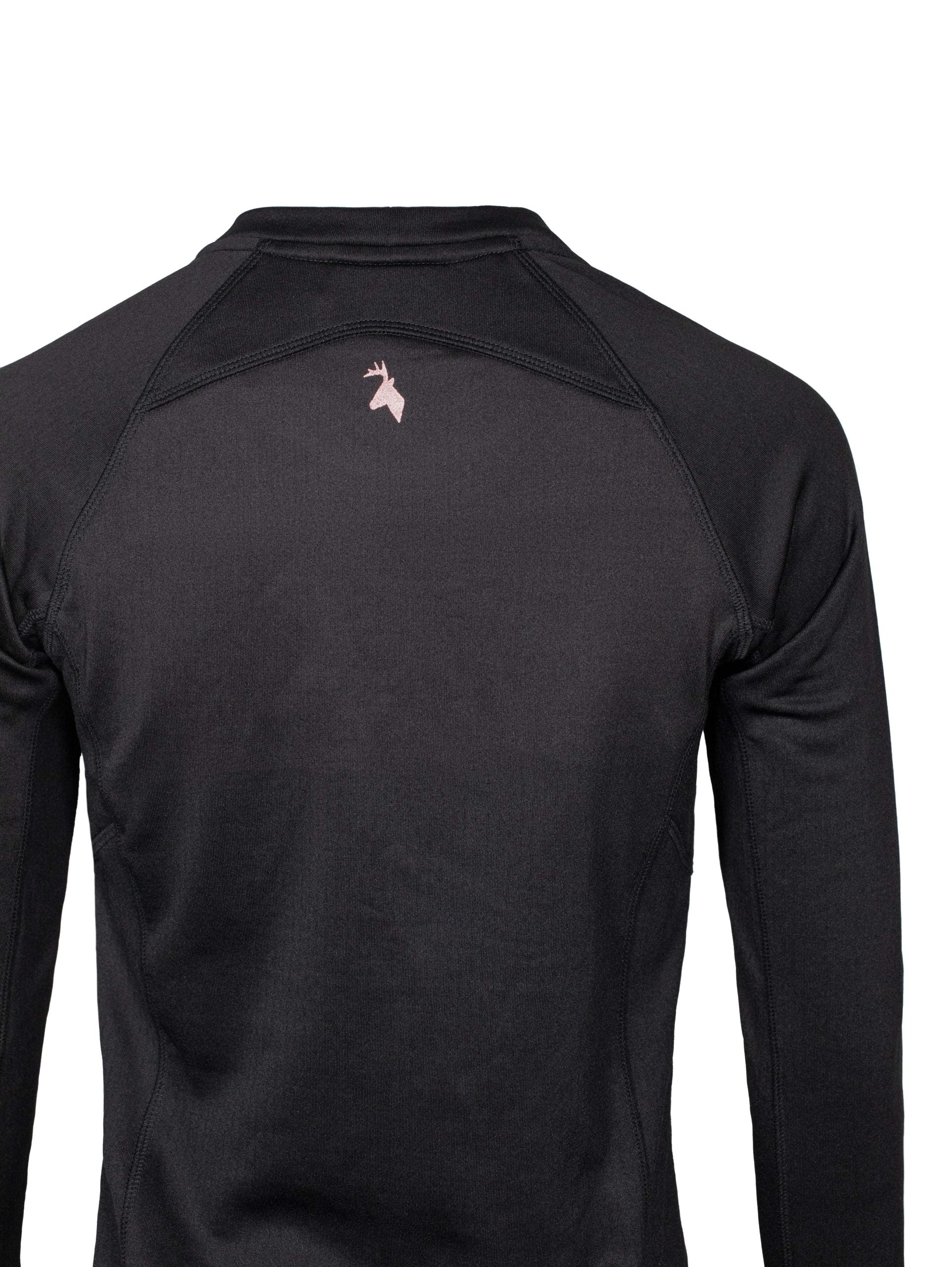 Close up of the back of the top with the Huntech stags head logo in rose gold, centered just below the neckline of long sleeved black top.