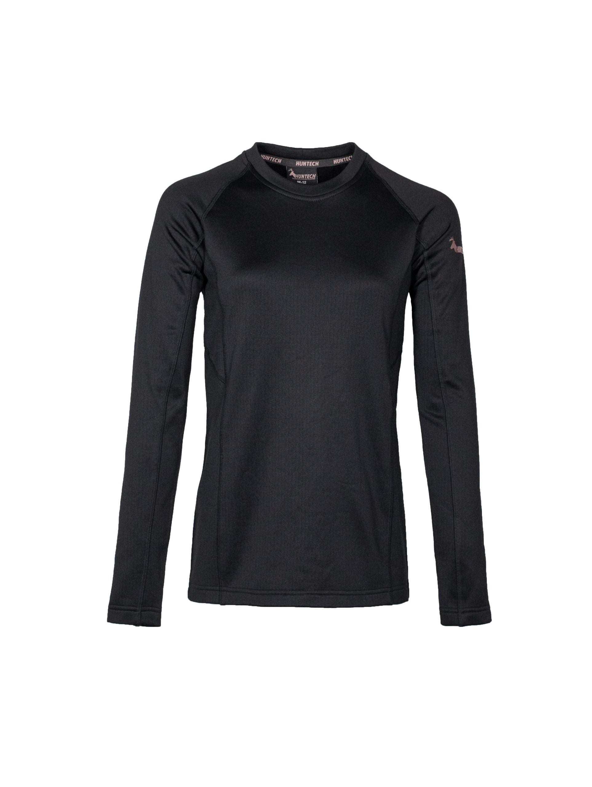 Front view of women’s snug fit long-sleeved thermal top for layering. Easy care highly technical thermal base layer comprising 230 gsm, 94% Recycled Polyester / 6% Spandex fabric, with flat locked seams to minimise skin irritation and articulated panels for performance. Features Huntech logo in rose gold on upper sleeve. Ships from Australia and shown in black.