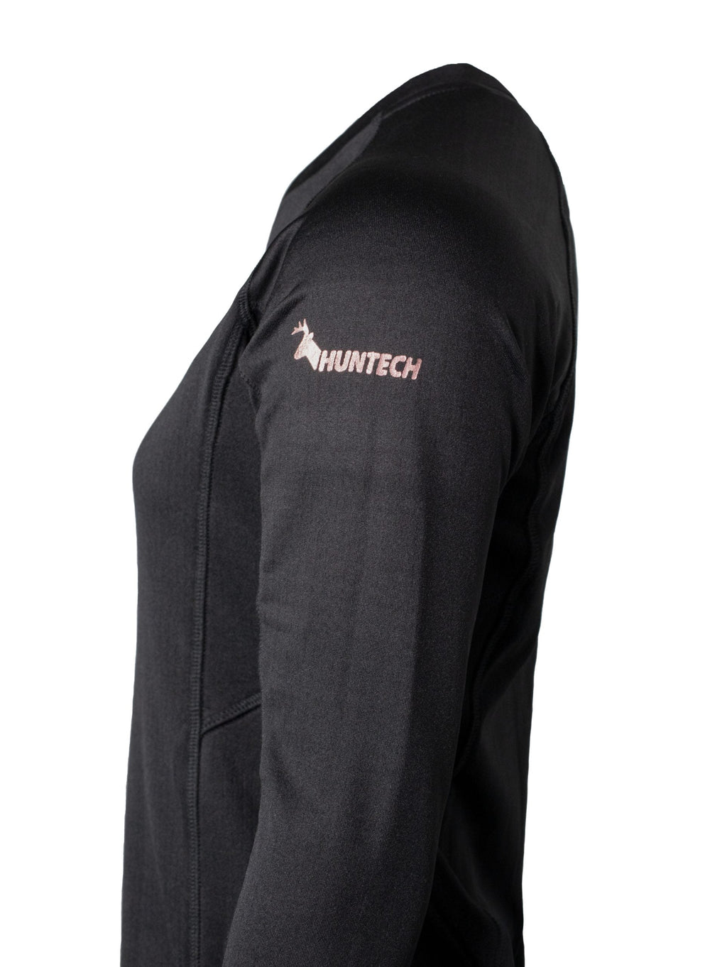 Close up of Huntech logo in rose gold at the top of the left sleeve. Shown on black long sleeved top.