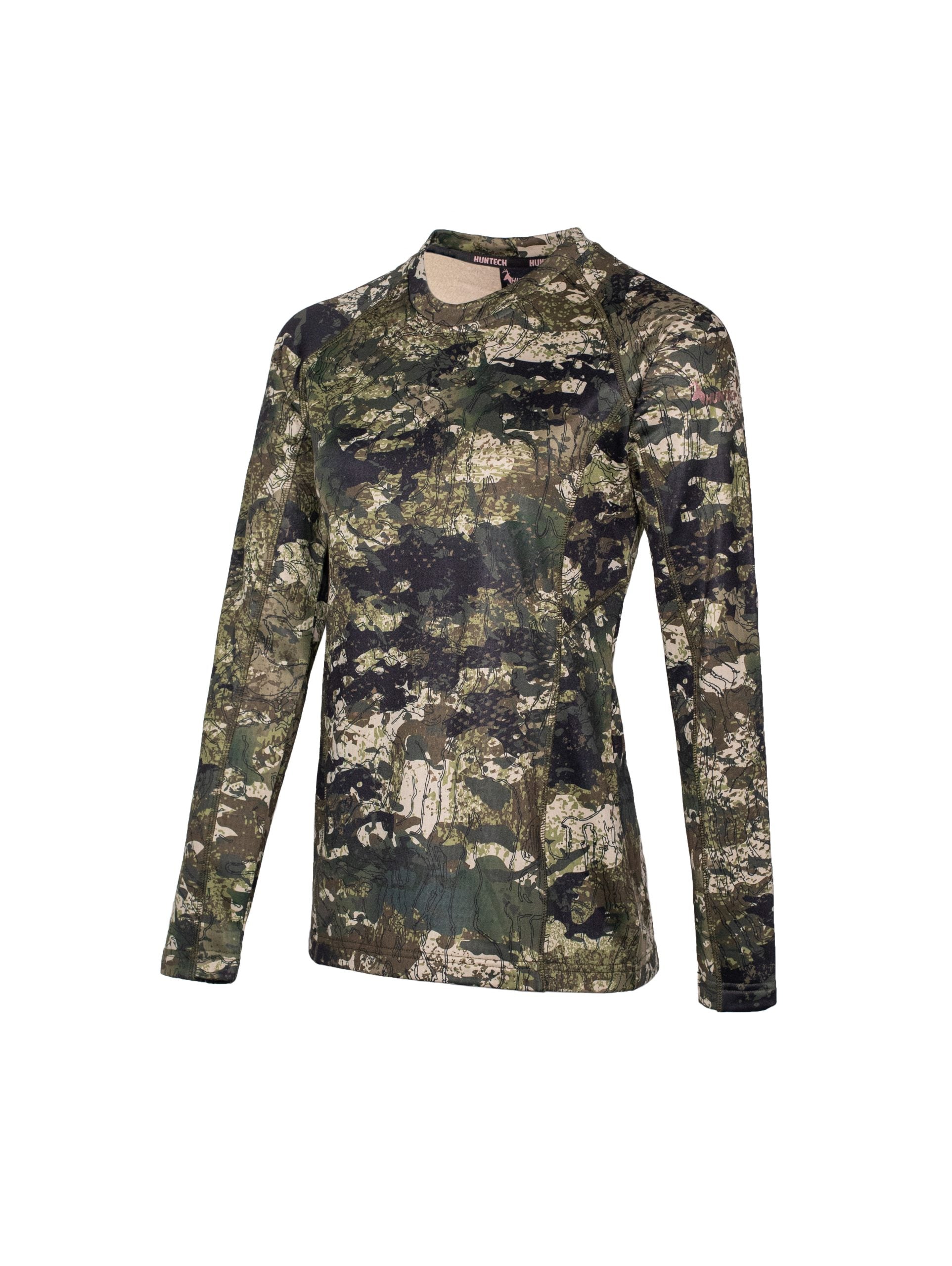 Three quarter front view of women’s snug fit long-sleeved thermal top for layering. Easy care highly technical thermal base layer comprising 230 gsm, 94% Recycled Polyester / 6% Spandex fabric, with flat locked seams to minimise skin irritation and articulated panels for performance. Features Huntech logo in rose gold on upper sleeve. Ships from Australia and shown in kakariki camo pattern.
