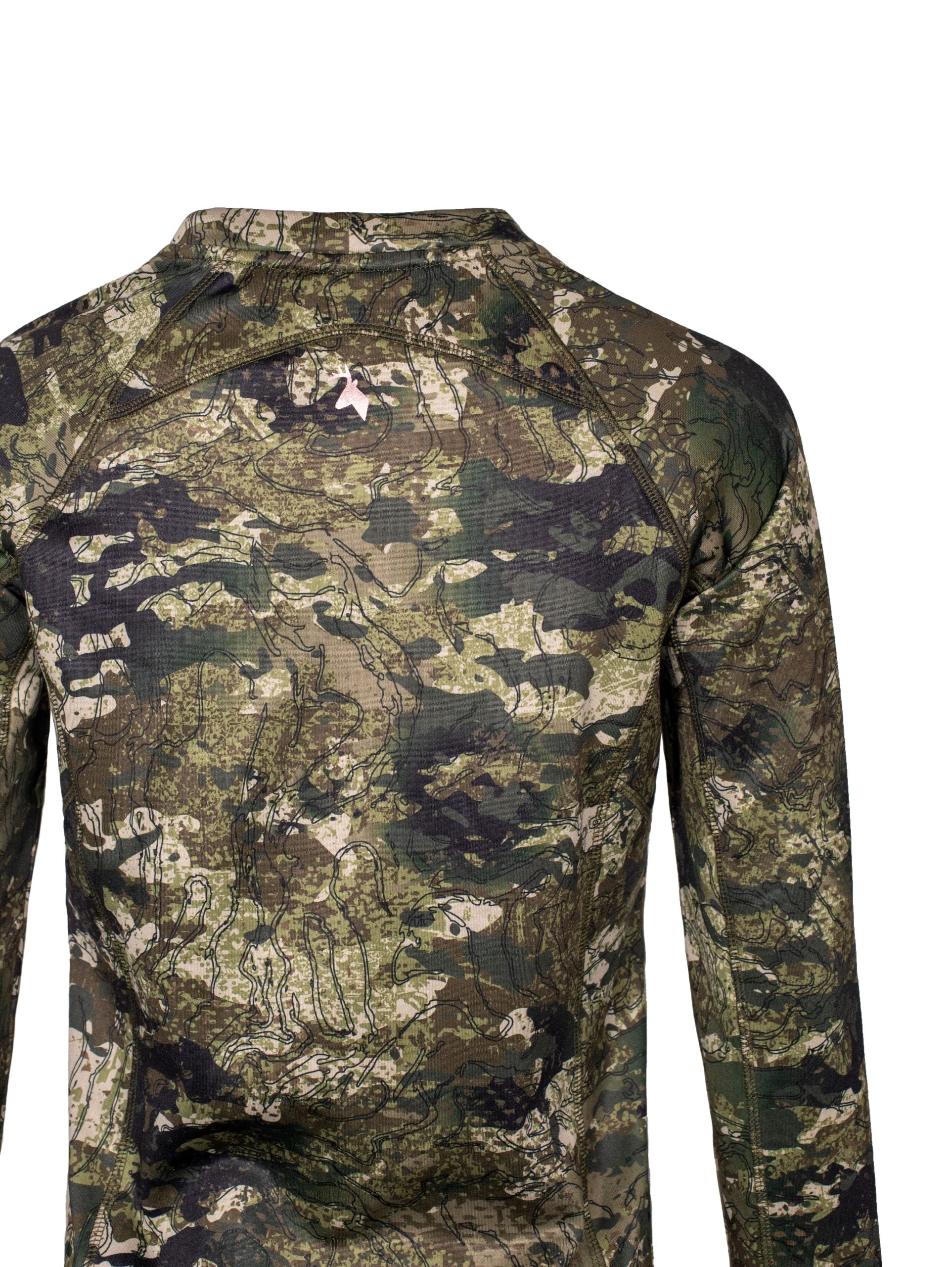 Close up of the back of the top with the Huntech stags head logo in rose gold, centered just below the neckline. Shown in kakariki camo pattern on long sleeved top.