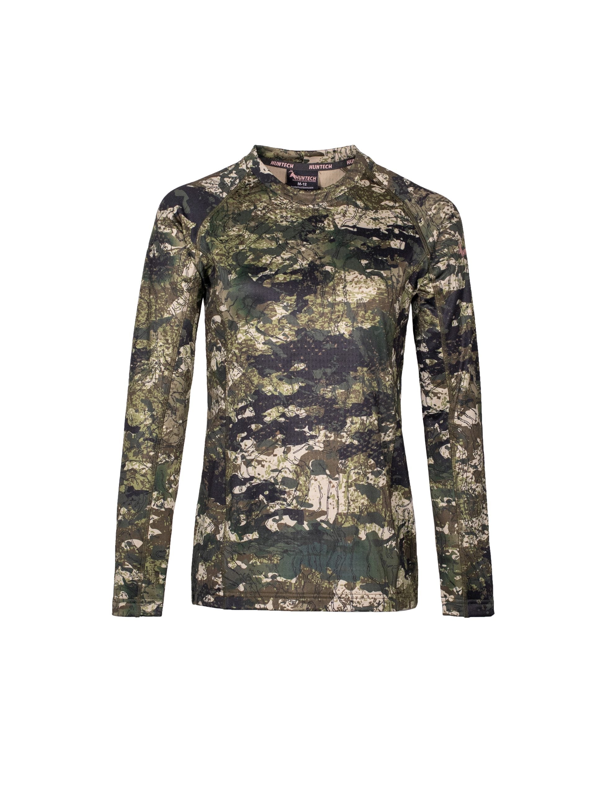 Front view of women’s snug fit long-sleeved thermal top for layering. Easy care highly technical thermal base layer comprising 230 gsm, 94% Recycled Polyester / 6% Spandex fabric, with flat locked seams to minimise skin irritation and articulated panels for performance. Features Huntech logo in rose gold on upper sleeve. Ships from Australia and shown in kakariki camo pattern.