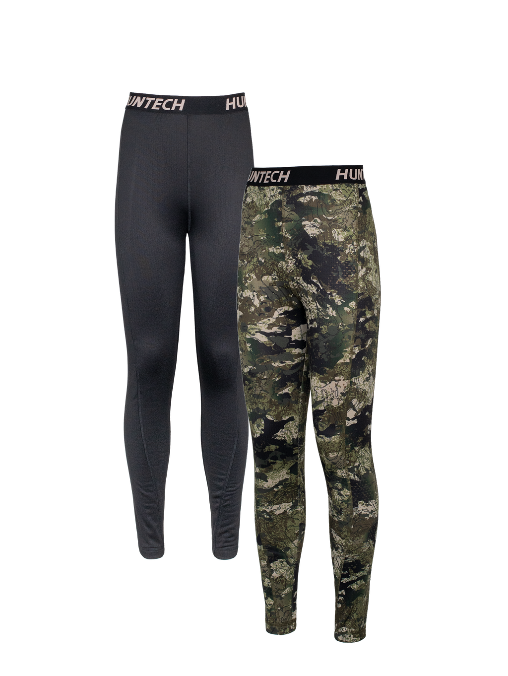 Front view of two pair women’s snug fit leggings for layering. Easy care highly technical thermal base layer comprising 230 gsm, 94% Recycled Polyester / 6% Spandex fabric, with flat locked seams to minimise skin irritation and articulated panels for performance. Features black elastic waist band with Huntech logo in yellow. Ships from Australia and shown in black on the left and kakariki camo pattern on the right.