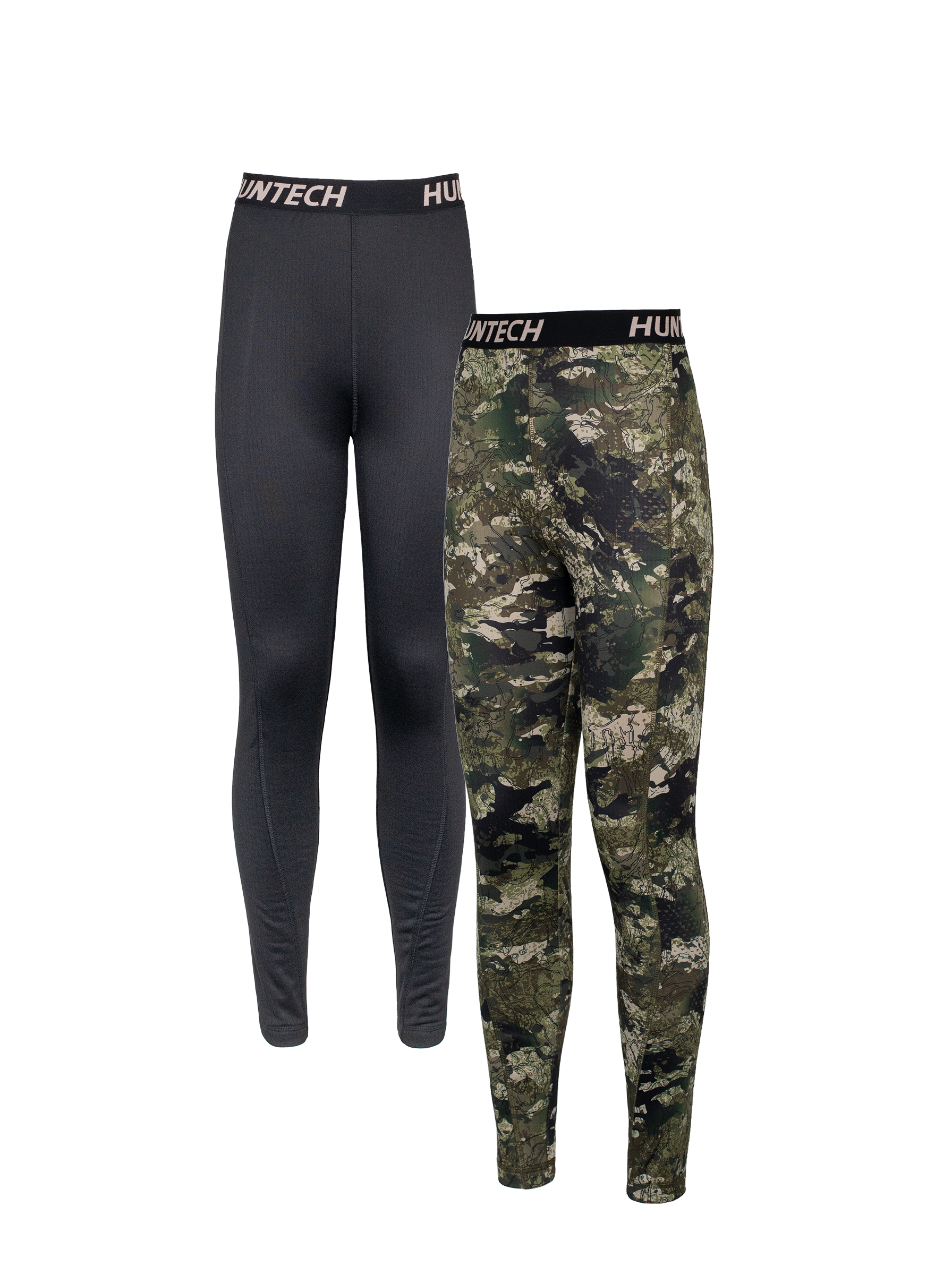 Front view of two pair women’s snug fit leggings for layering. Easy care highly technical thermal base layer comprising 230 gsm, 94% Recycled Polyester / 6% Spandex fabric, with flat locked seams to minimise skin irritation and articulated panels for performance. Features black elastic waist band with Huntech logo in yellow. Ships from Australia and shown in black on the left and kakariki camo pattern on the right.