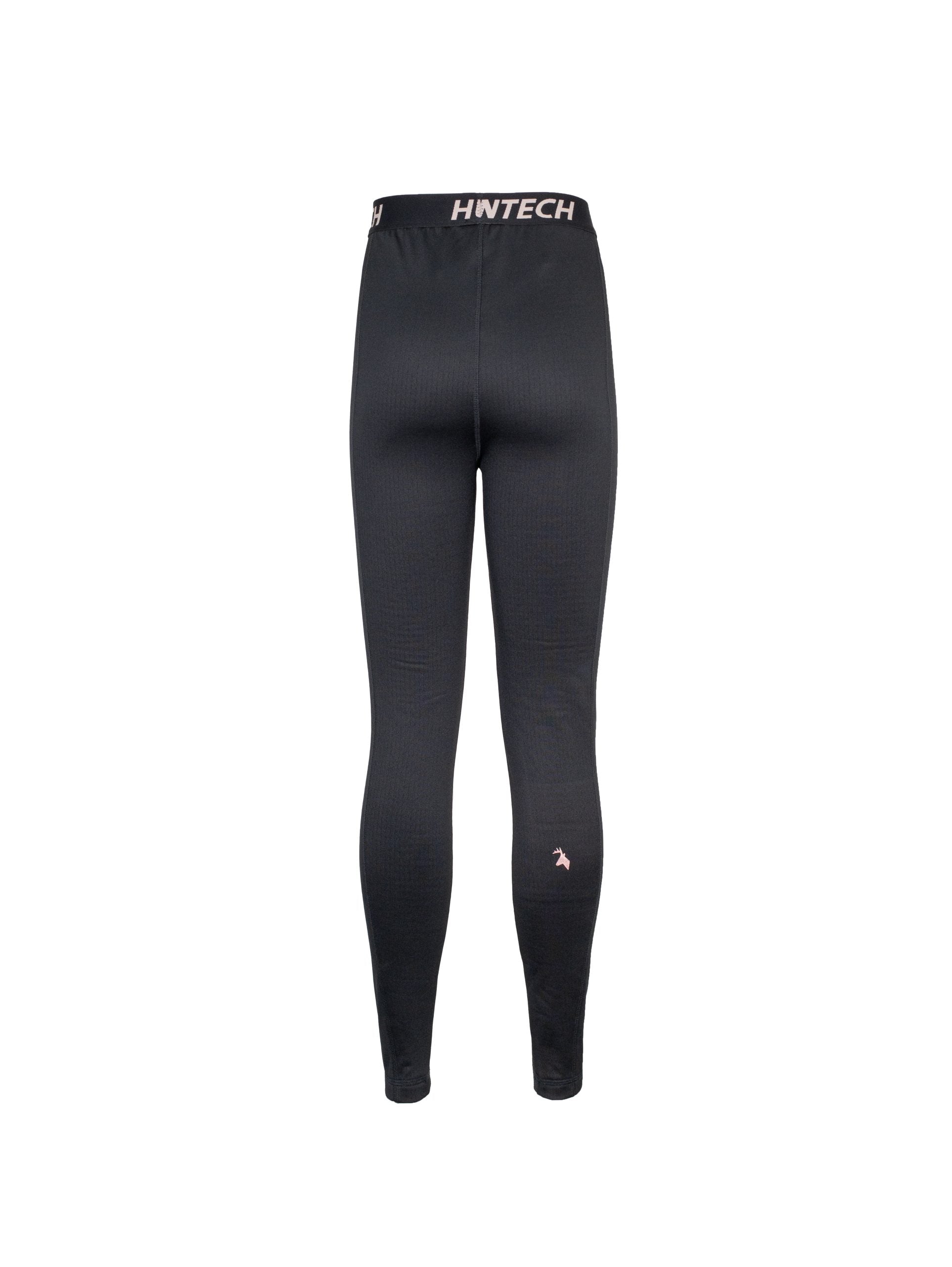 Back view of women’s snug fit leggings for layering. Easy care highly technical thermal base layer comprising 230 gsm, 94% Recycled Polyester / 6% Spandex fabric, with flat locked seams to minimise skin irritation and articulated panels for performance. Features black elastic waist band with Huntech logo in yellow. Ships from Australia and shown in black.