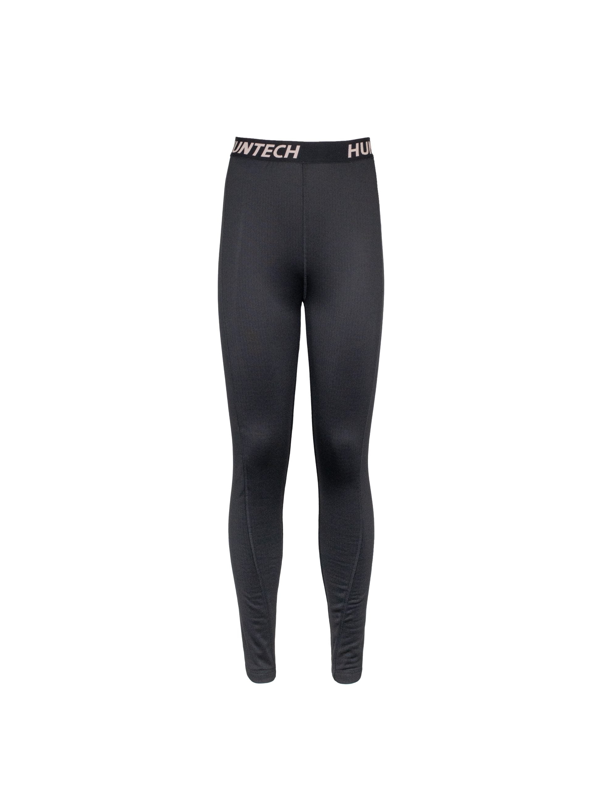 Front view of women’s snug fit leggings for layering. Easy care highly technical thermal base layer comprising 230 gsm, 94% Recycled Polyester / 6% Spandex fabric, with flat locked seams to minimise skin irritation and articulated panels for performance. Features black elastic waist band with Huntech logo in yellow. Ships from Australia and shown in black.