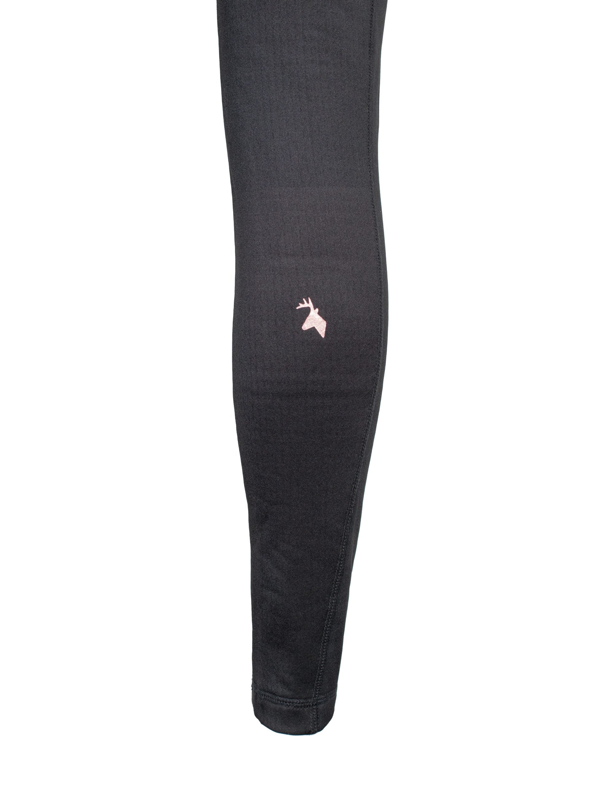 Close up of back of calf with Huntech stags head logo on black leggings