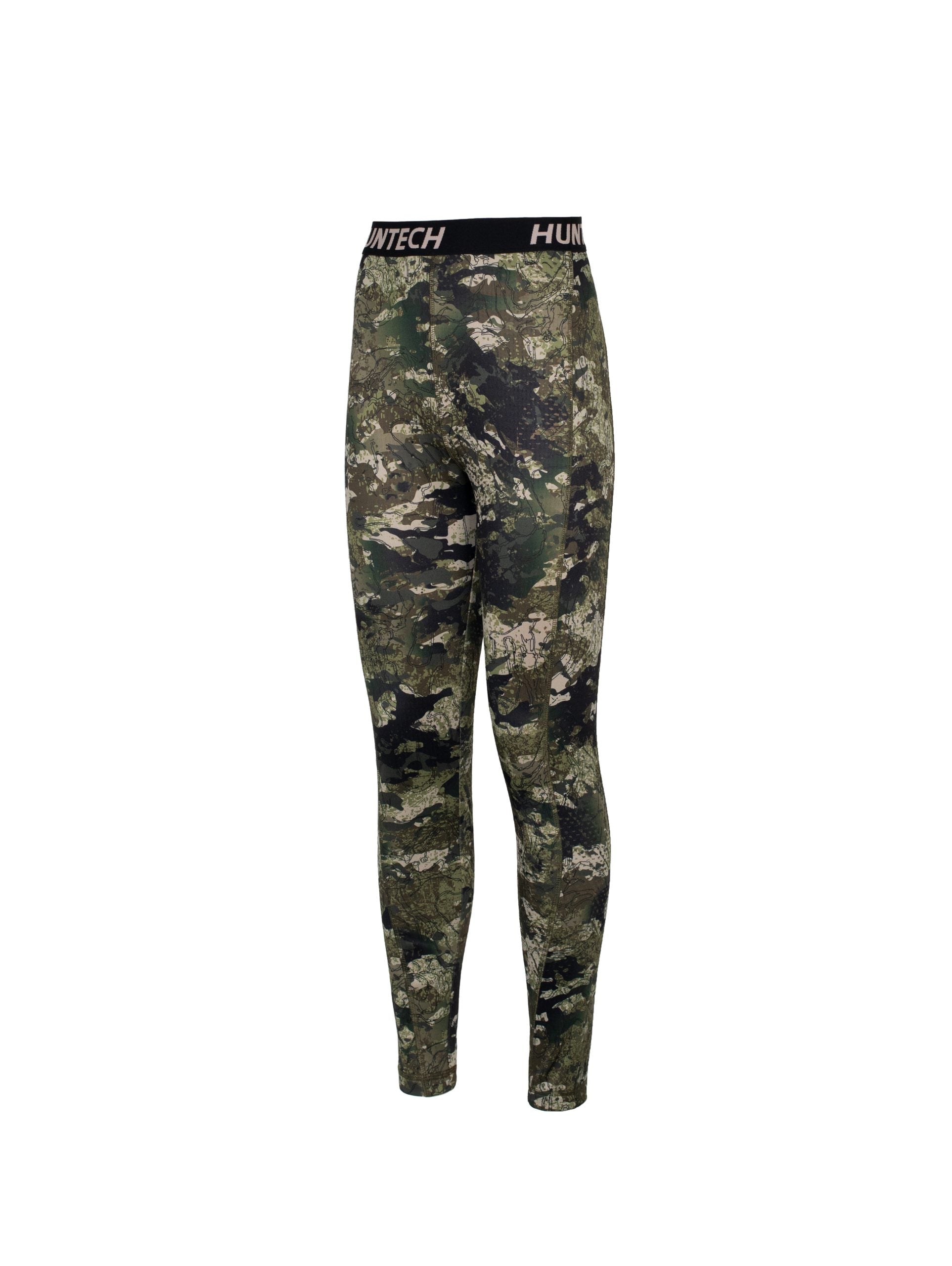 Front view of women’s snug fit leggings for layering. Easy care highly technical thermal base layer comprising 230 gsm, 94% Recycled Polyester / 6% Spandex fabric, with flat locked seams to minimise skin irritation and articulated panels for performance. Features black elastic waist band with Huntech logo in yellow. Ships from Australia and shown in kakariki camo pattern.