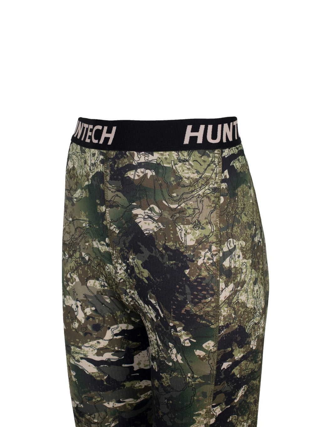 Close up of black waistband with Huntech logo. Shown on kakariki camo pattern leggings.